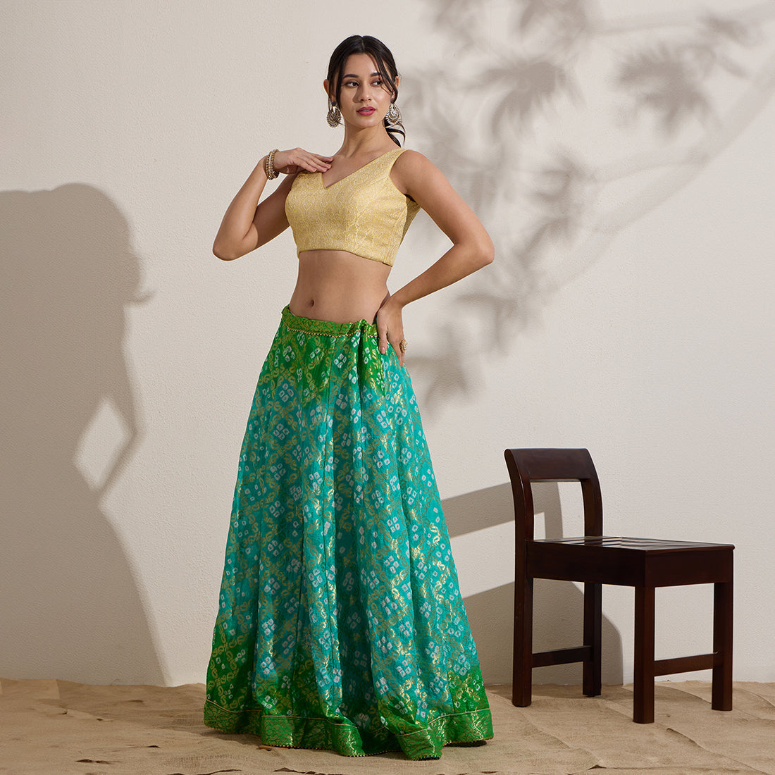 Gold Brocade V Neck Sleeveless Padded Blouse