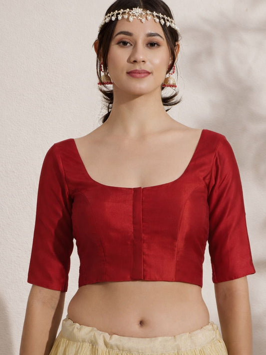 Flexi-Fit Red Silk Round Neck Padded Blouse