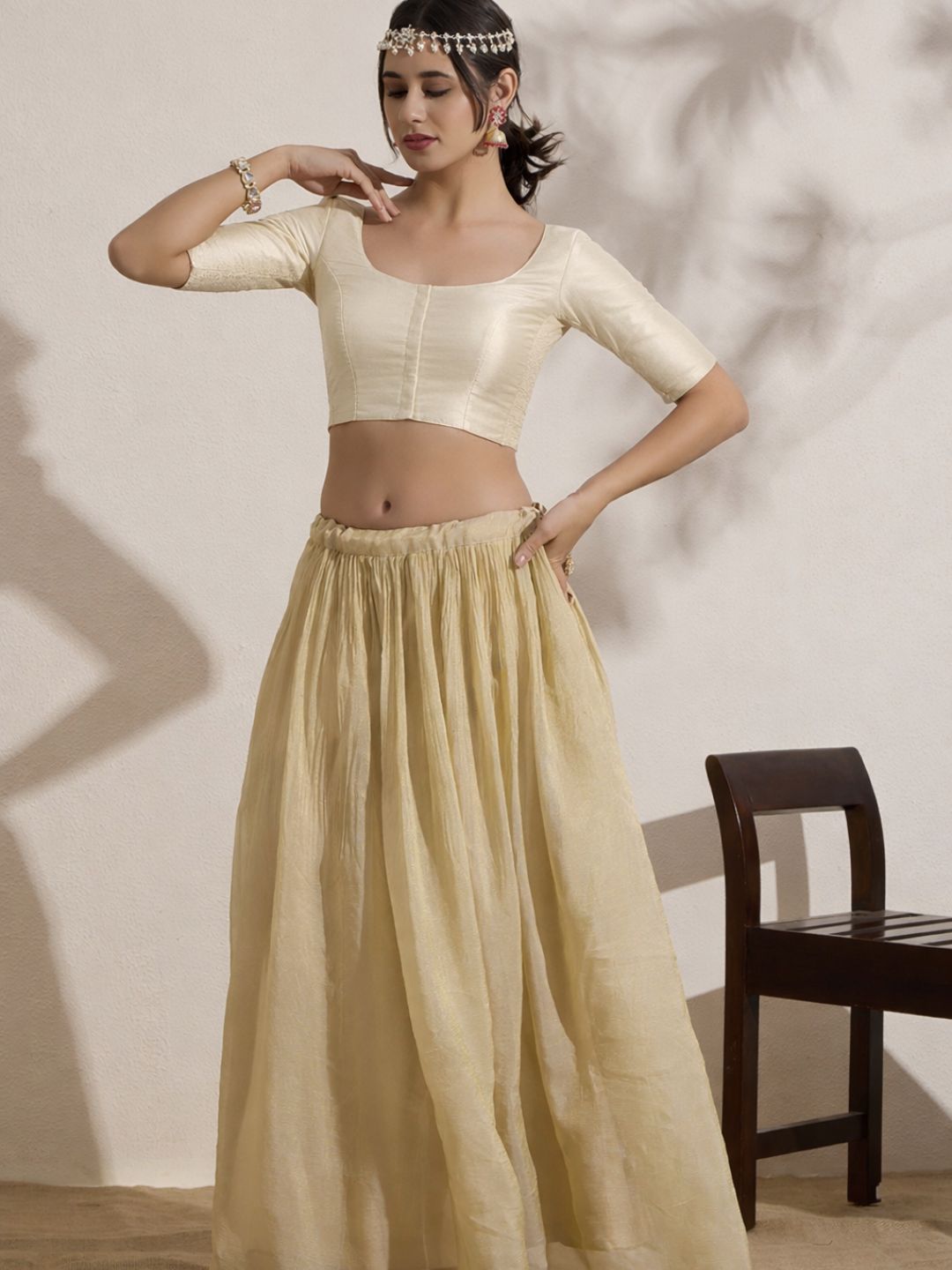 The Blouse Originals Stretchable Cream Silk Round Neck Flexi Fit Padded Readymade Saree Blouse