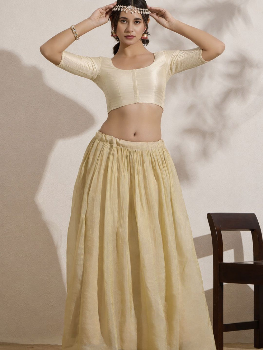 The Blouse Originals Stretchable Cream Silk Round Neck Flexi Fit Padded Readymade Saree Blouse