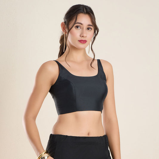 Black Silk Round Neck Solid Padded Sleeveless Blouse