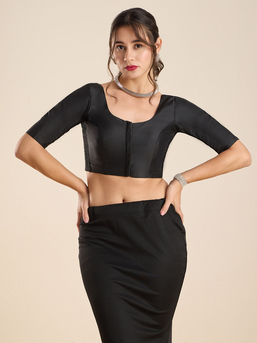 The Blouse Originals Stretchable Black Silk Round Neck Flexi Fit Padded Readymade Saree Blouse