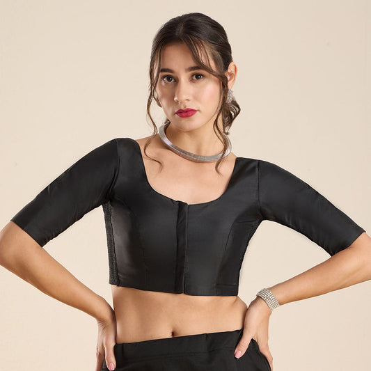 Black Silk Round Neck Padded Blouse