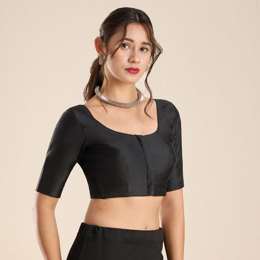 Black Silk Round Neck Padded Blouse