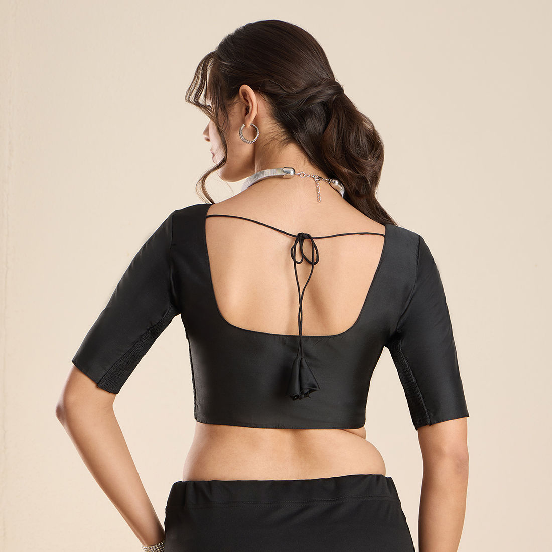 The Blouse Originals Stretchable Black Silk Round Neck Flexi Fit Padded Readymade Saree Blouse