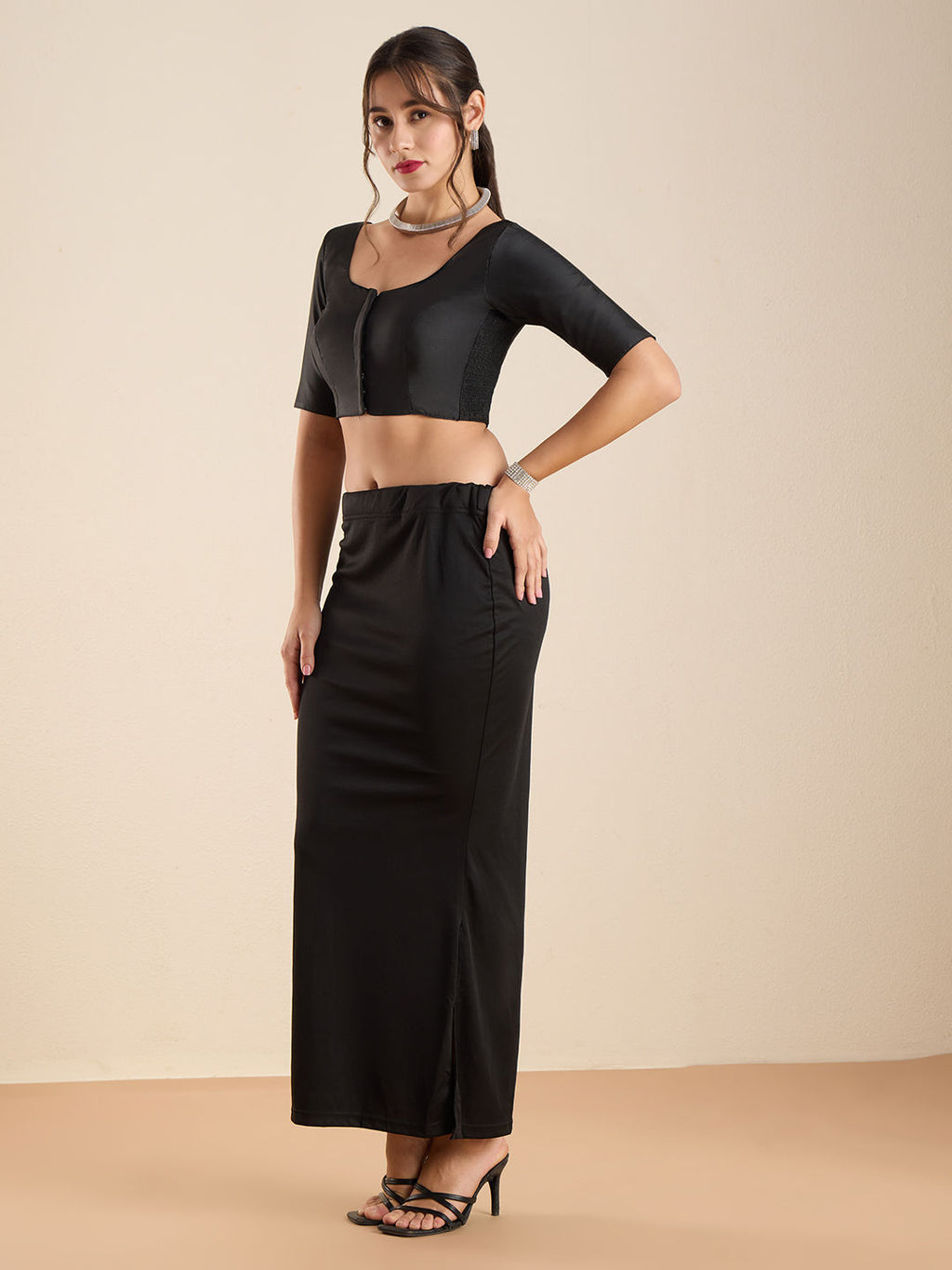 The Blouse Originals Stretchable Black Silk Round Neck Flexi Fit Padded Readymade Saree Blouse