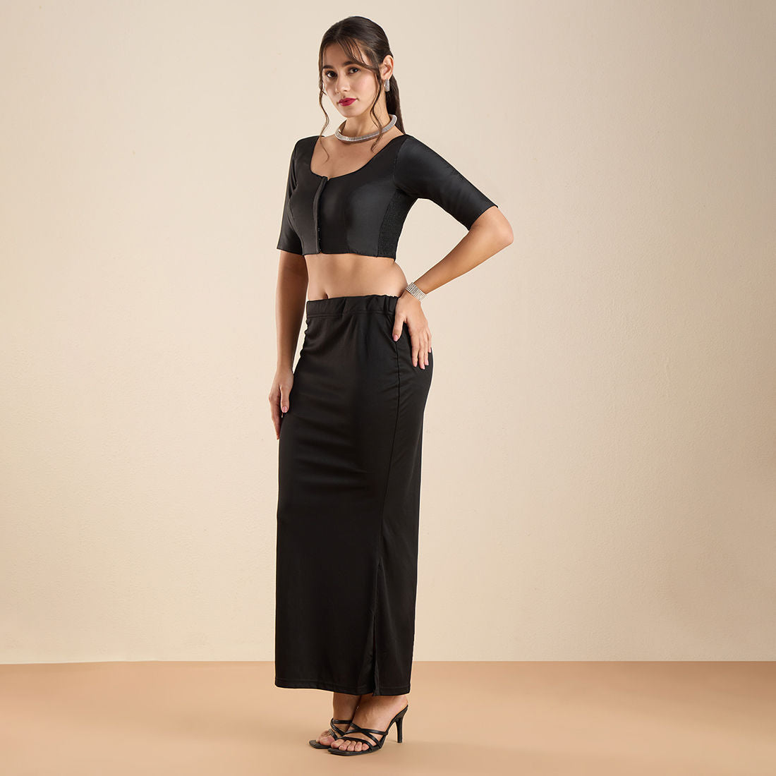 The Blouse Originals Stretchable Black Silk Round Neck Flexi Fit Padded Readymade Saree Blouse