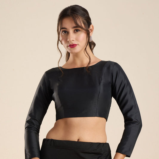 Black Silk Round Neck Flexi-Fit Padded Blouse