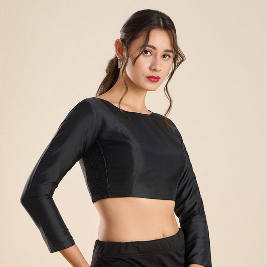 Black Silk Round Neck Flexi-Fit Padded Blouse