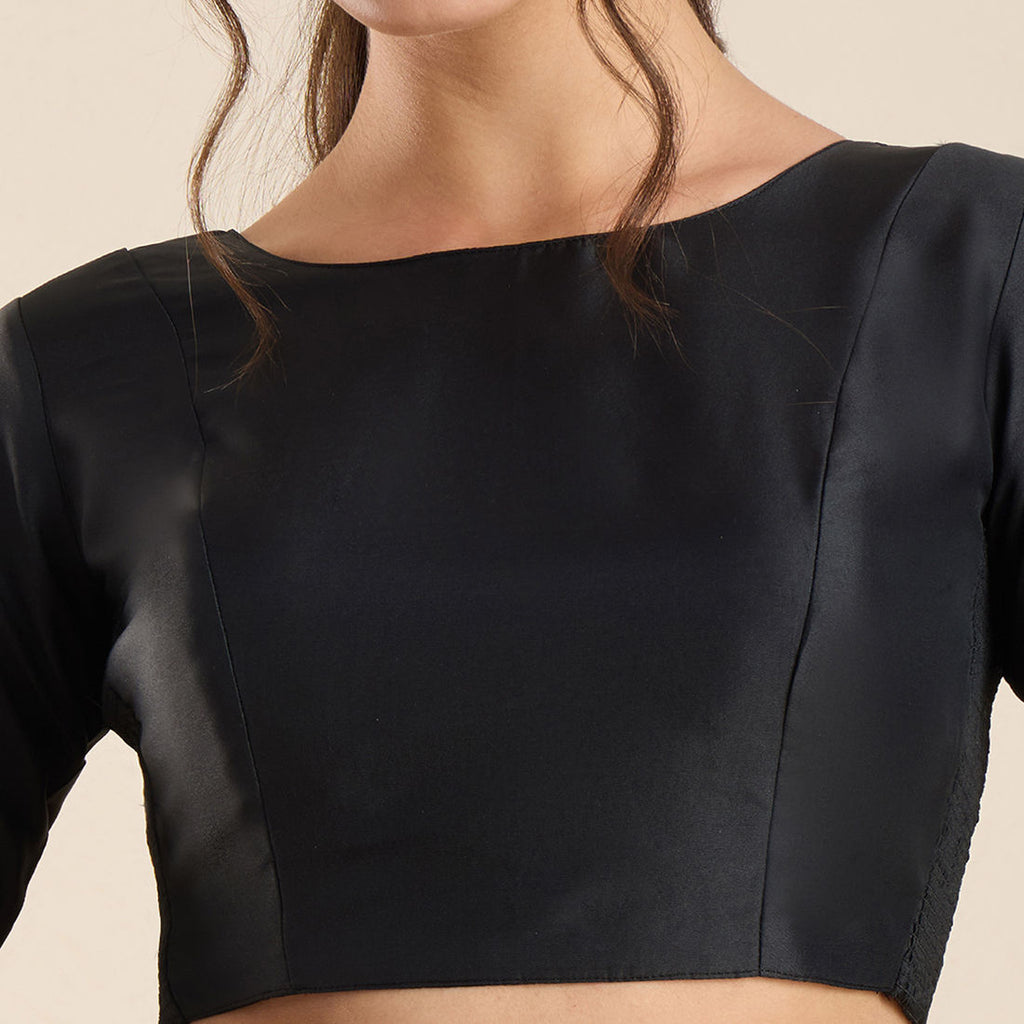 The Blouse Originals Stretchable Black Silk Round Neck Flexi Fit Readymade Saree Blouse