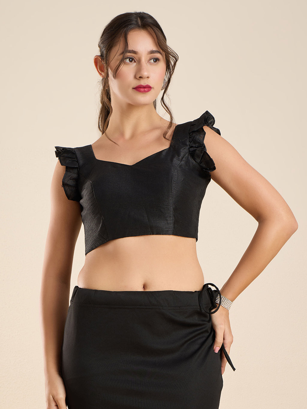 The Blouse Originals Black Silk Sweetheart Neck Frill Sleeves Padded Readymade Saree Blouse