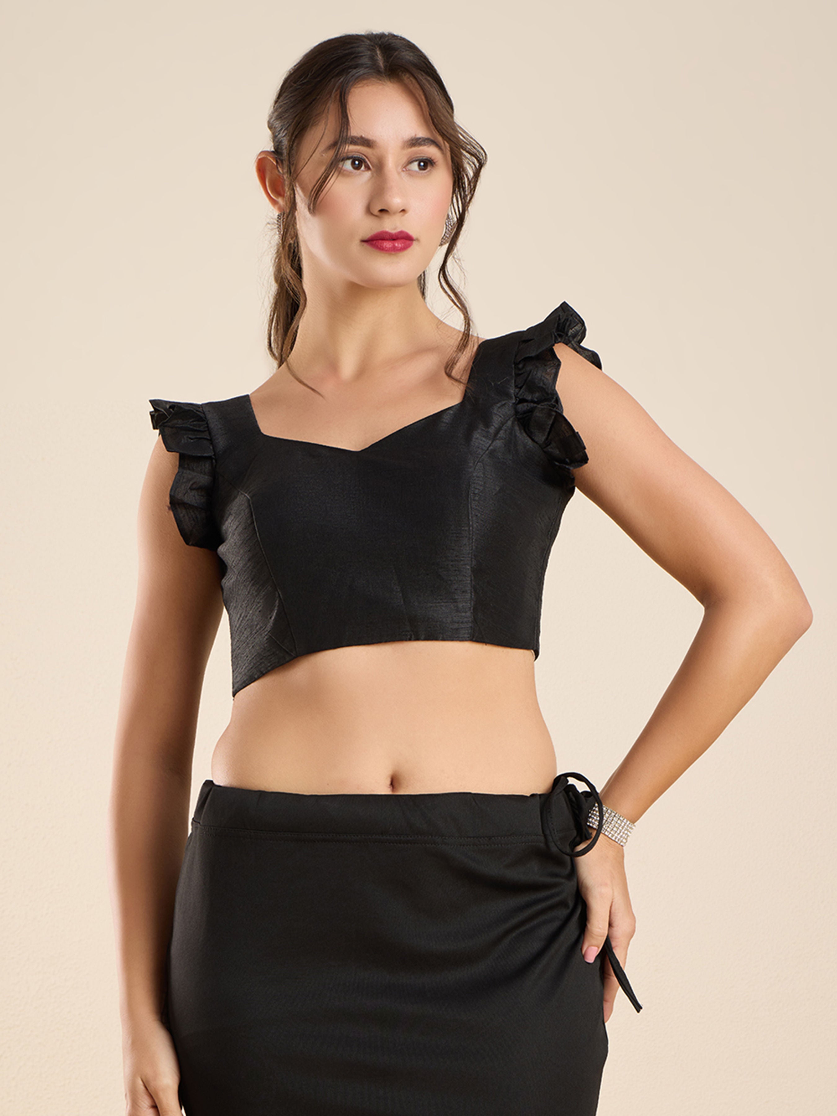 The Blouse Originals Black Silk Sweetheart Neck Frill Sleeves Padded Readymade Saree Blouse