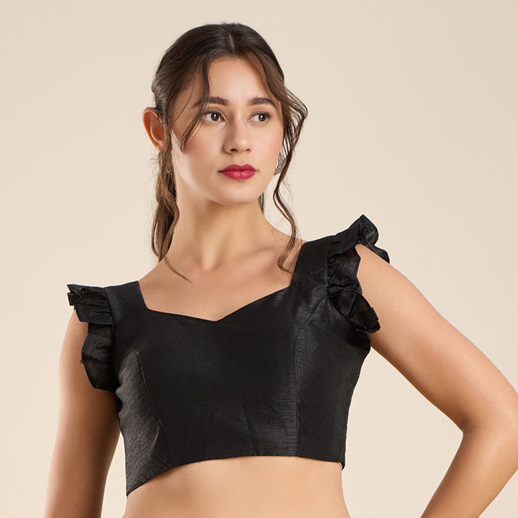 The Blouse Originals Black Silk Sweetheart Neck Frill Sleeves Padded Readymade Saree Blouse