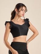 The Blouse Originals Black Silk Sweetheart Neck Frill Sleeves Padded Readymade Saree Blouse