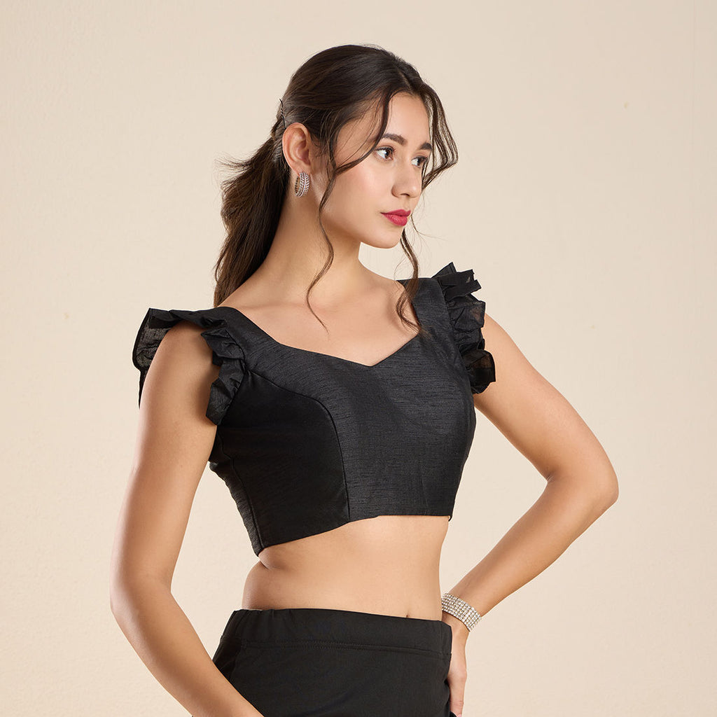 The Blouse Originals Black Silk Sweetheart Neck Frill Sleeves Padded Readymade Saree Blouse
