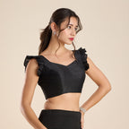 The Blouse Originals Black Silk Sweetheart Neck Frill Sleeves Padded Readymade Saree Blouse