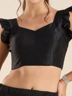 The Blouse Originals Black Silk Sweetheart Neck Frill Sleeves Padded Readymade Saree Blouse