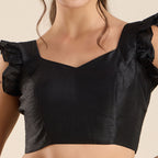 The Blouse Originals Black Silk Sweetheart Neck Frill Sleeves Padded Readymade Saree Blouse