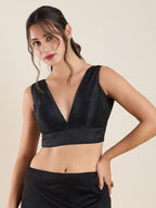 The Blouse Originals Black Silk Deep V Neck Sleeveless Padded Readymade Saree Blouse