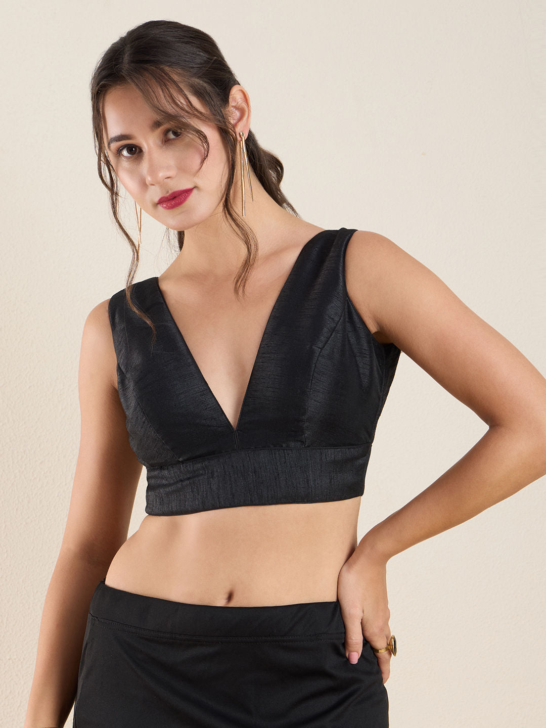 The Blouse Originals Black Silk Deep V Neck Sleeveless Padded Readymade Saree Blouse