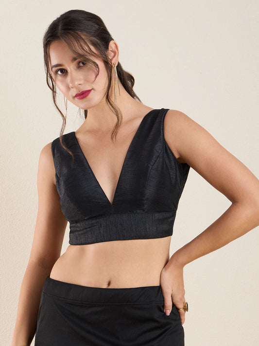 Black Silk Deep V Neck Sleeveless Padded Blouse