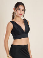 The Blouse Originals Black Silk Deep V Neck Sleeveless Padded Readymade Saree Blouse