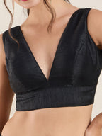 The Blouse Originals Black Silk Deep V Neck Sleeveless Padded Readymade Saree Blouse