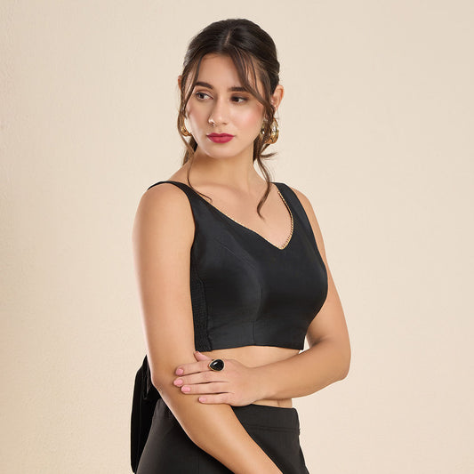 Black Silk V Neck Sleeveless Flexi-Fit Padded Blouse