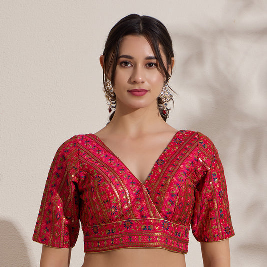 Fuschia Woven V Neck Designer Padded Blouse