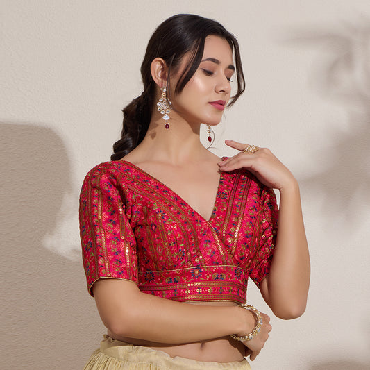 Fuschia Woven V Neck Designer Padded Blouse