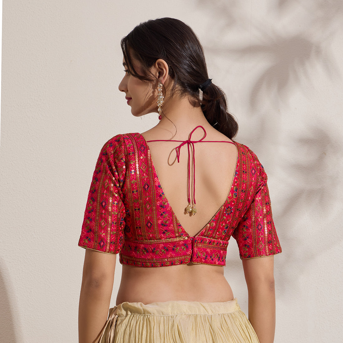 The Blouse Originals Fuchsia Embroidered V-Neck Readymade Saree Blouse