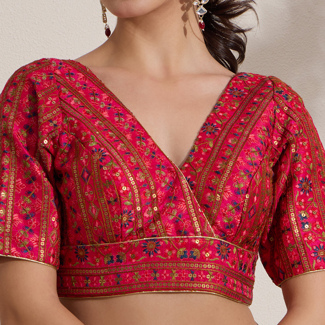 The Blouse Originals Fuchsia Embroidered V-Neck Readymade Saree Blouse