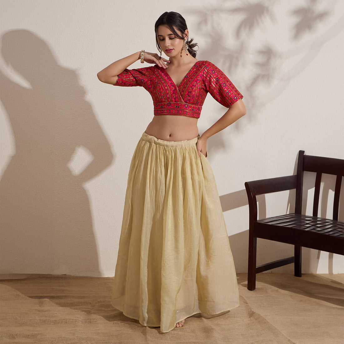 The Blouse Originals Fuchsia Embroidered V-Neck Readymade Saree Blouse