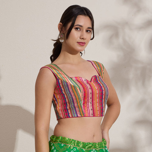 The Blouse Originals Designer Multicolour Silk Woven Design Zari Readymade Saree Blouse