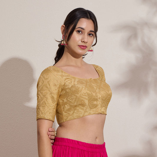 Gold Brocade Round Neck Padded Blouse