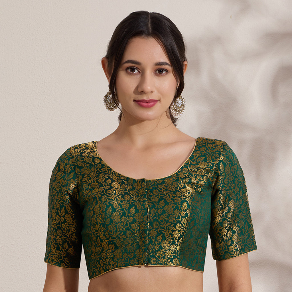 The Blouse Originals Green Brocade Woven Design Zari Readymade Saree Blouse