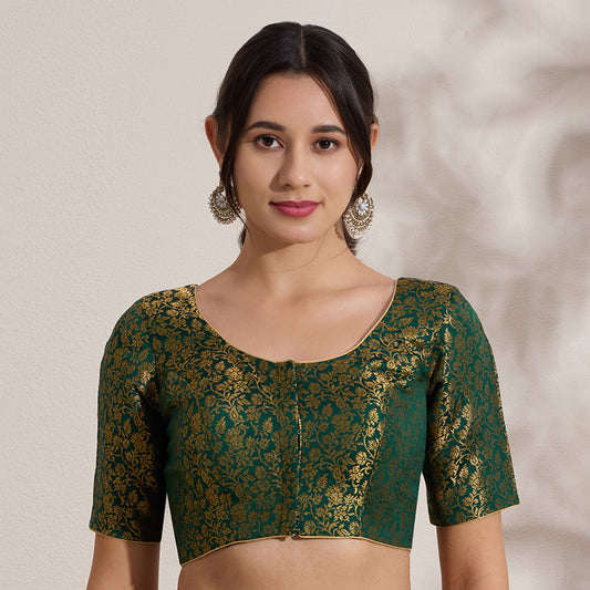 Green Brocade Round Neck Padded Blouse.