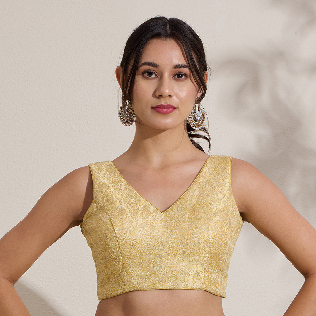 Gold Brocade V Neck Sleeveless Padded Blouse