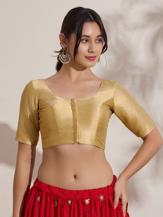 Gold Silk Round Neck Solid Padded Blouse