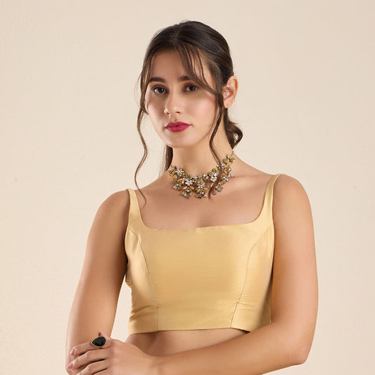 Gold Silk Round Neck Solid Padded Sleeveless Blouse