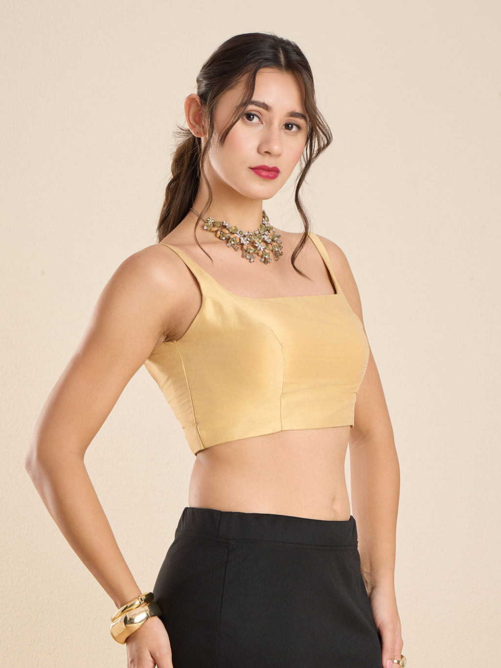 The Blouse Originals Gold Silk Round Neck Solid Padded Sleeveless Readymade Saree Blouse