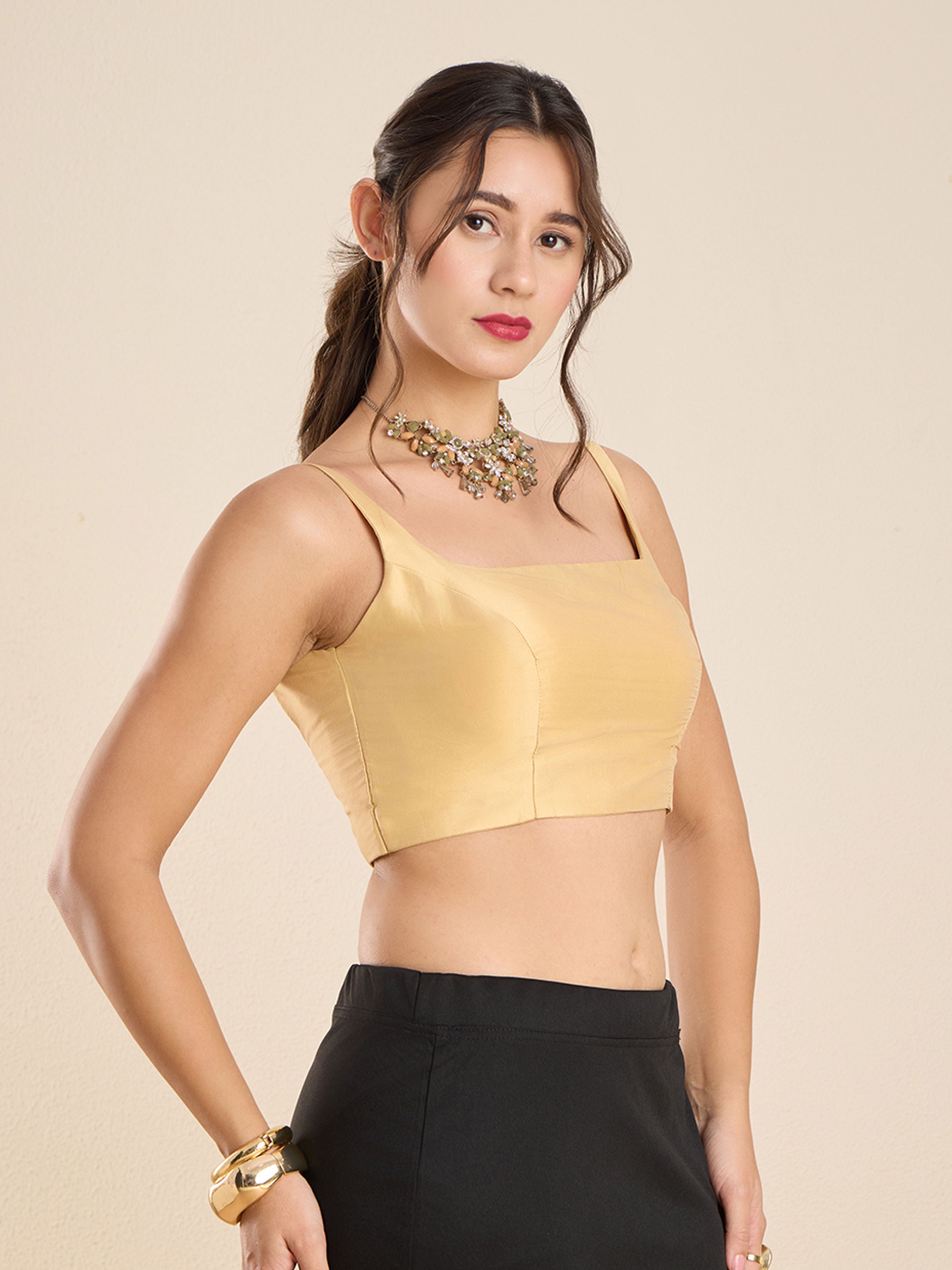 The Blouse Originals Gold Silk Round Neck Solid Padded Sleeveless Readymade Saree Blouse