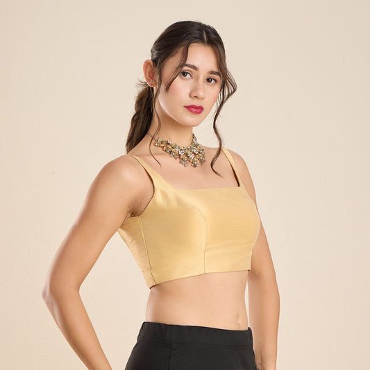 Gold Silk Round Neck Solid Padded Sleeveless Blouse