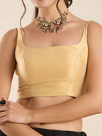 The Blouse Originals Gold Silk Round Neck Solid Padded Sleeveless Readymade Saree Blouse