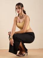 The Blouse Originals Gold Silk Round Neck Solid Padded Sleeveless Readymade Saree Blouse