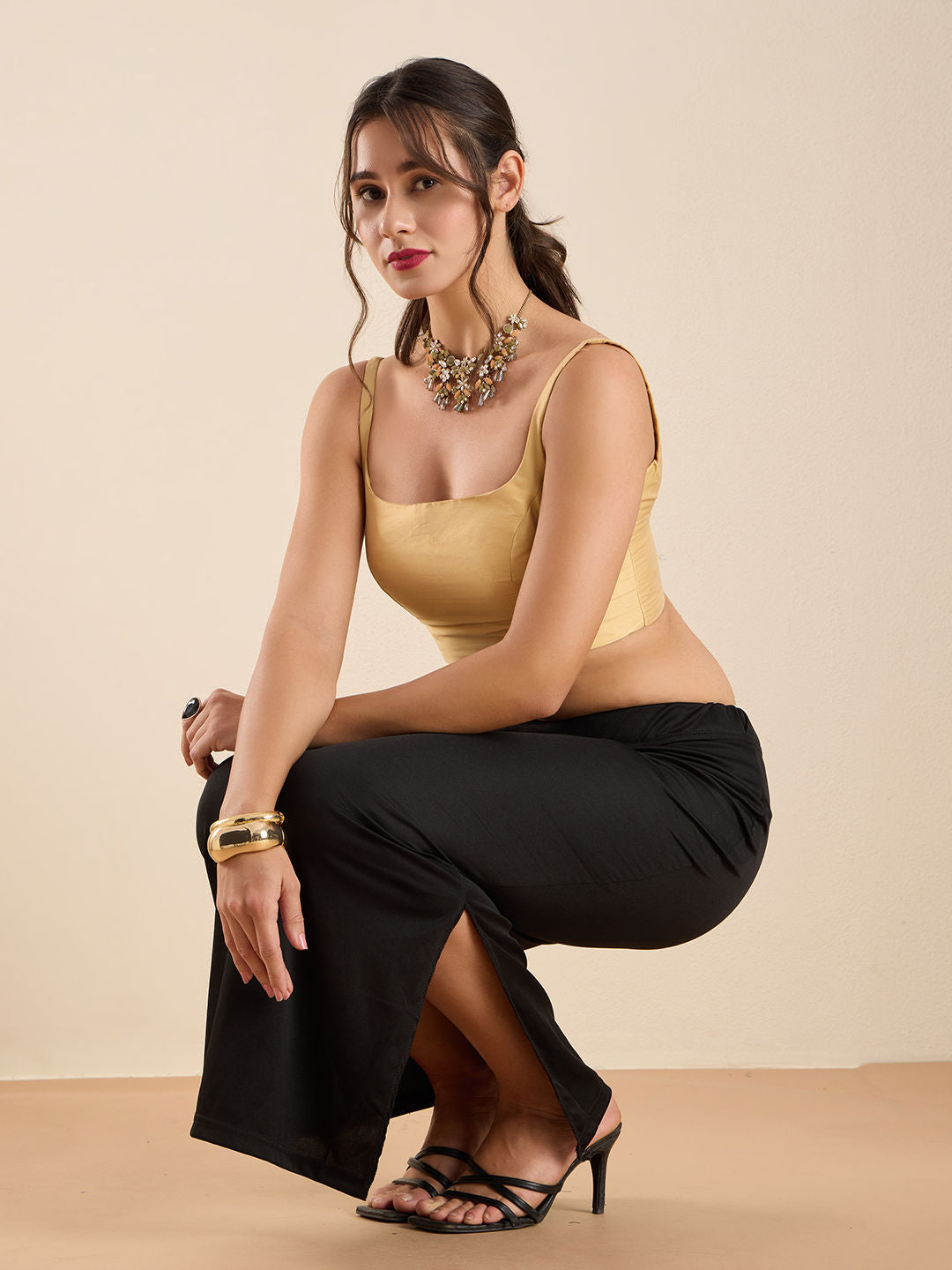 The Blouse Originals Gold Silk Round Neck Solid Padded Sleeveless Readymade Saree Blouse