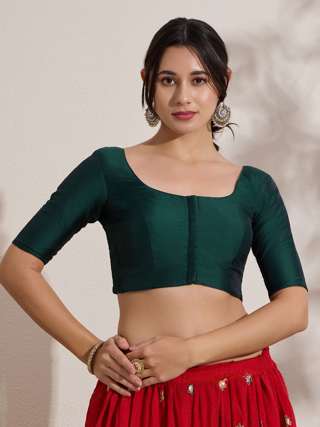 The Blouse Originals Green Silk Round Neck Solid Padded Readymade Saree Blouse