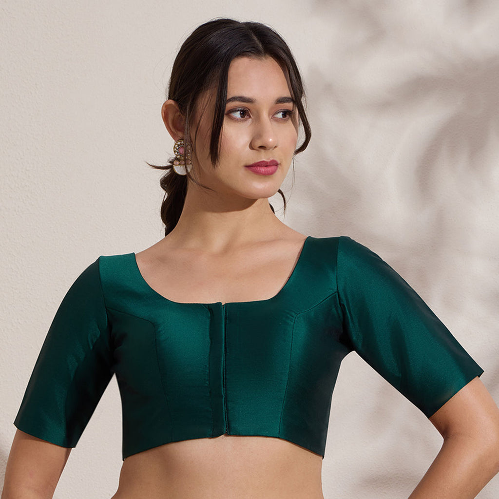 The Blouse Originals Green Silk Round Neck Solid Padded Readymade Saree Blouse