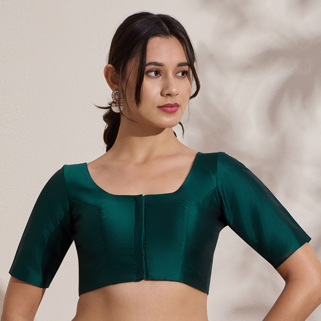 The Blouse Originals Green Silk Round Neck Solid Padded Readymade Saree Blouse