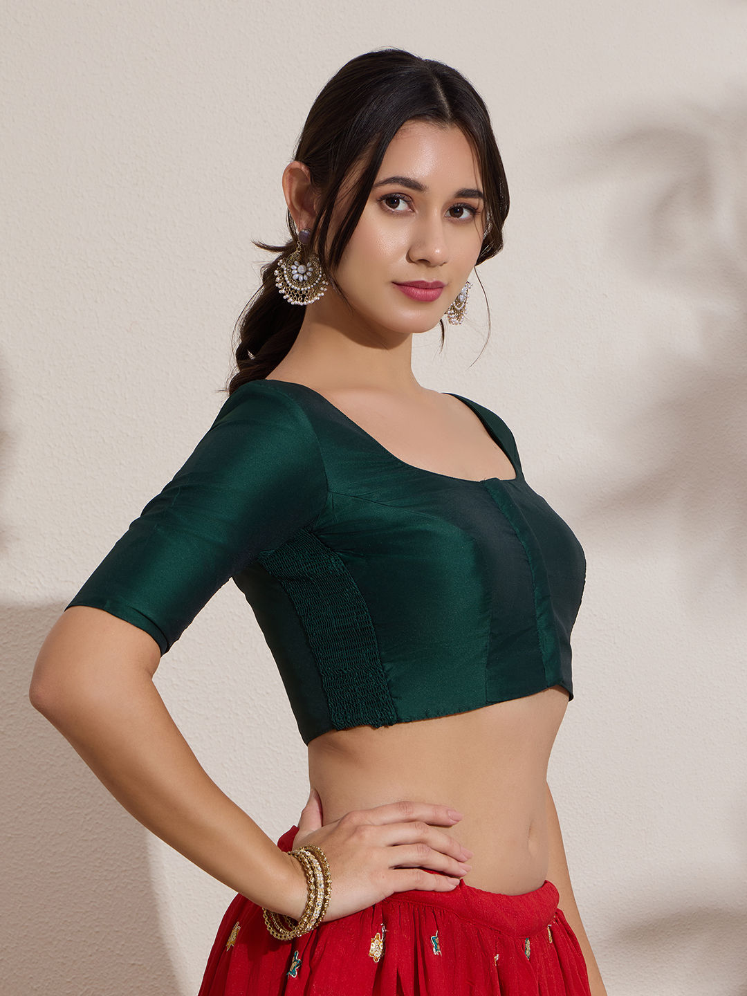 The Blouse Originals Green Silk Round Neck Solid Padded Readymade Saree Blouse